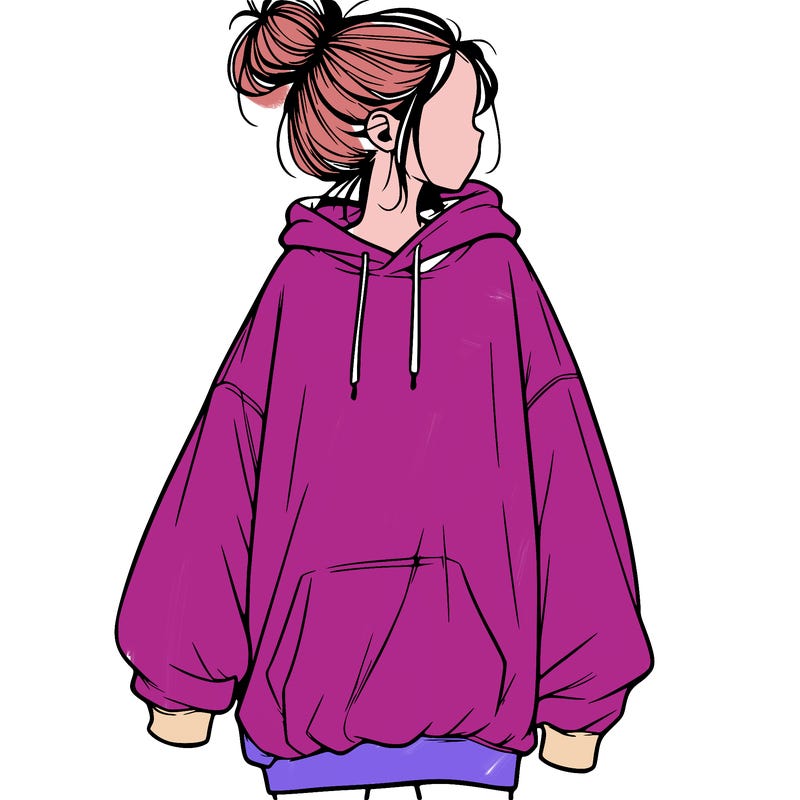 realistic girl with a oversized sweatshirt on and a bun