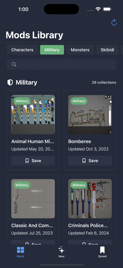 Mods for Melon Playground!! - A library screen showing various military themed mods for Melon Playground