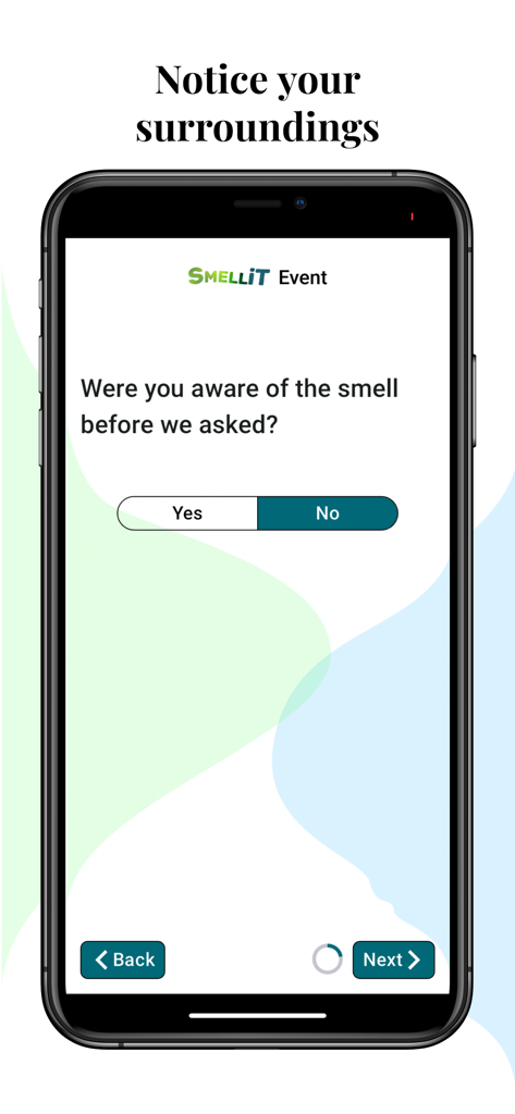 SMELLiT - SMELLiT 앱 설문조사 화면은 냄새 인식에 대해 묻고 예/아니오 버튼이 있습니다.