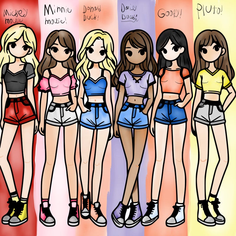 a group of girls wearing crop tops and shorts