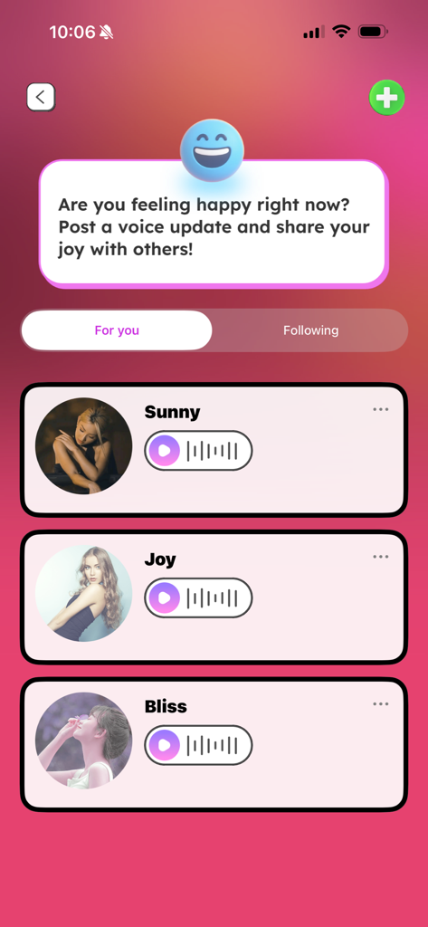 Taggo - Adult Companion，Chat - Taggoアプリのモバイルインターフェイス。ユーザーのボイスメッセージと、幸せな感情を共有するためのプロンプトが表示されている。