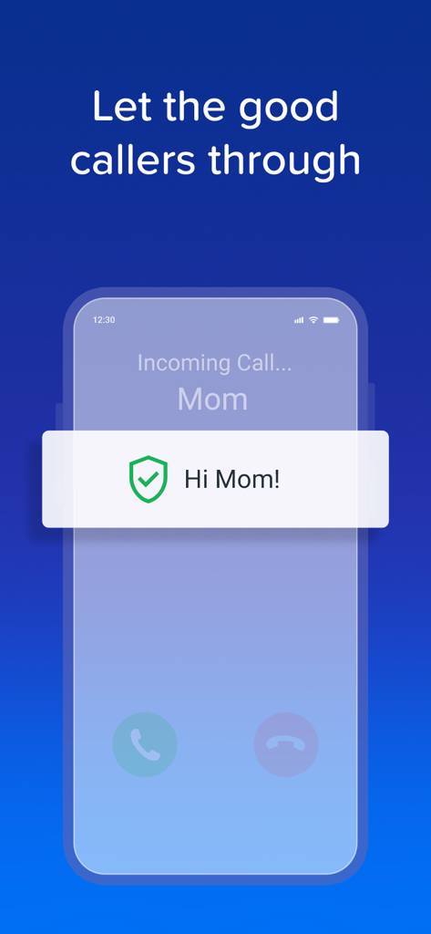 YouMail: Block Spam on iPhone - A screenshot of the YouMail app interface displaying an incoming call from Mom with a green security shield icon and a message saying Hi Mom.