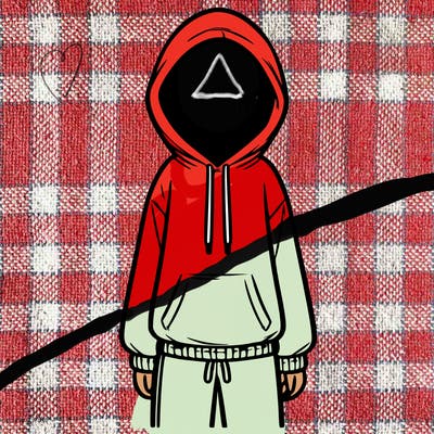 faceless girl in a tracksuit with a hood on and no hair