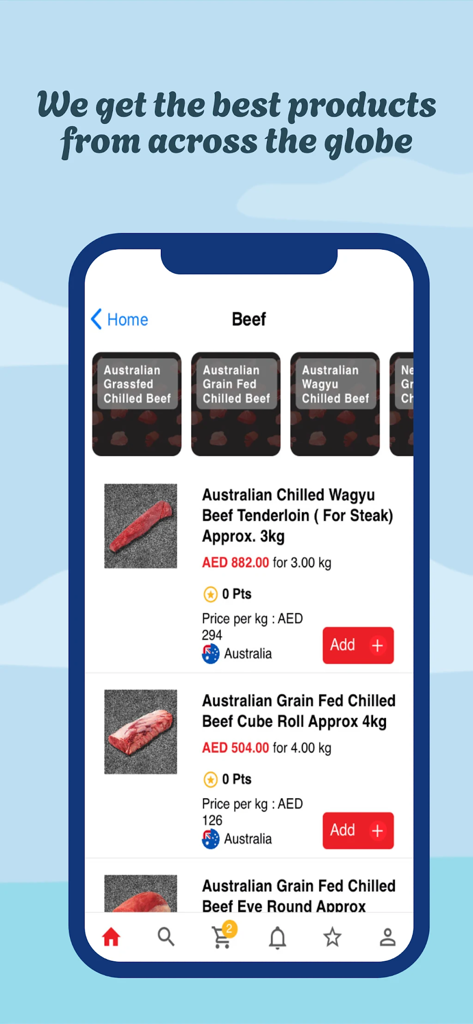 Elfab - Elfab app screen showing premium Australian chilled beef products like Wagyu tenderloin and cube roll