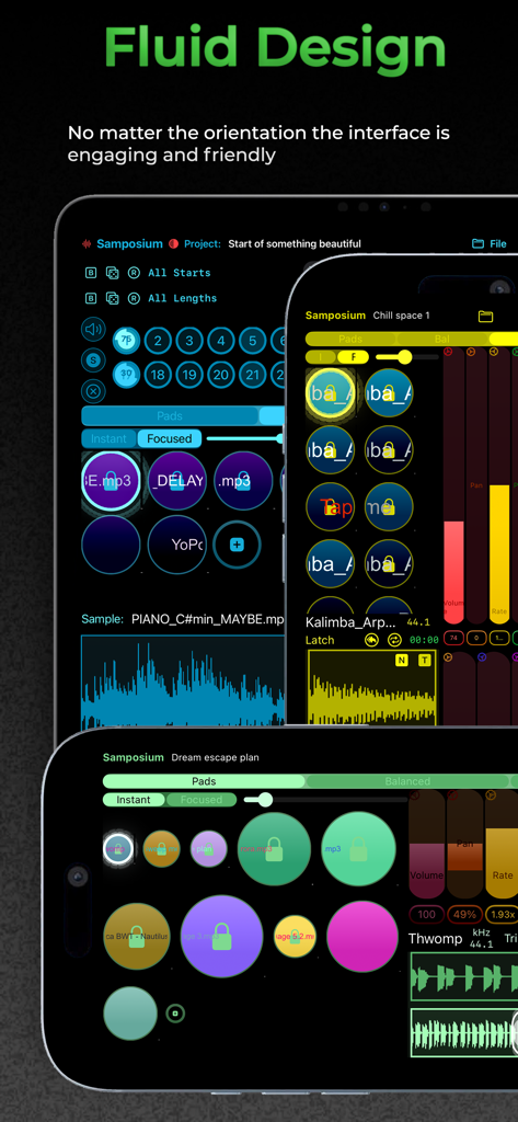 Samposium: Performance Sampler - The Samposium music sampler app interface displayed across multiple devices in portrait and landscape orientations showcasing its fluid design