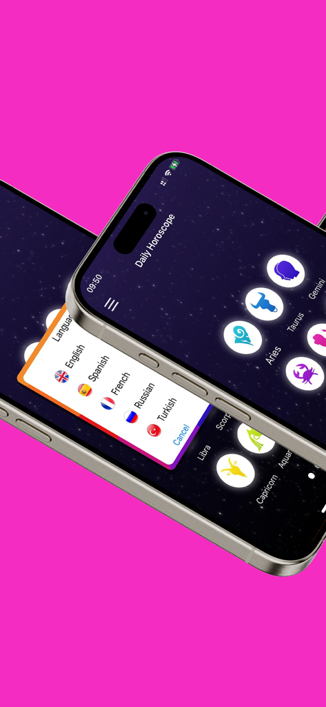 별자리 아이콘이 있는 일일 운세 앱의 언어 옵션을 보여주는 스마트폰 화면