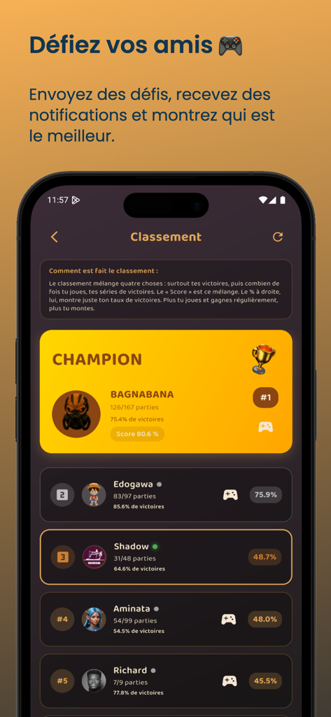 Sipa, jeu de cartes - Leaderboard screen of the Sipa card game app showing player rankings and win statistics.