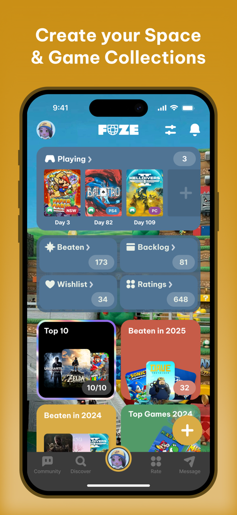 FUZE: Gaming Community - Interface of the FUZE app showing game cataloging features with categories like Playing, Backlog, and Top 10 lists.