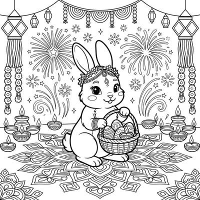 Bring together two beloved celebrations with this adorable Easter Bunny and Diwali coloring page designed especially for kids. Discover a festive scene filled with sparkling fireworks, intricate rangoli, and a charming bunny ready for an Indian festival.