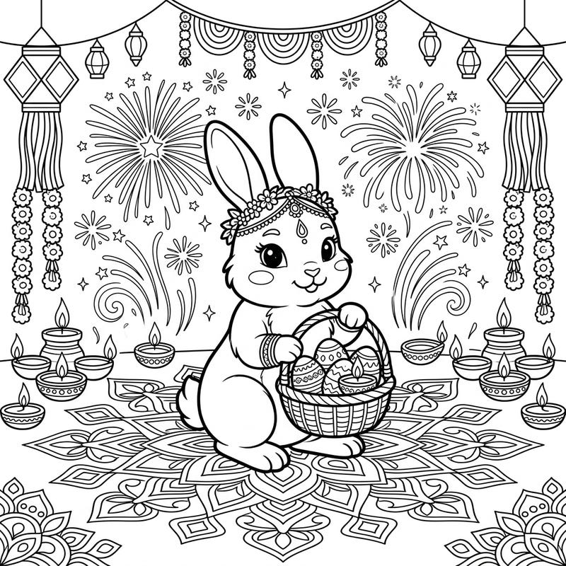Bring together two beloved celebrations with this adorable Easter Bunny and Diwali coloring page designed especially for kids. Discover a festive scene filled with sparkling fireworks, intricate rangoli, and a charming bunny ready for an Indian festival.