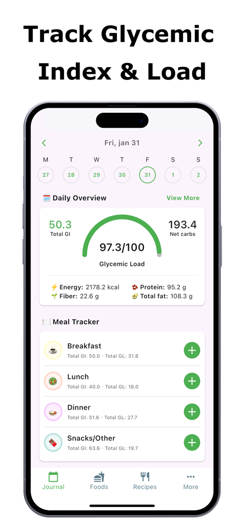Glycemic Index & Load Tracker - Tägliche Übersichtsseite der Glykämischer Index und Last Tracker App, die Ernährungsdaten und Mahlzeitenprotokolle anzeigt.