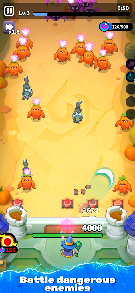 Archmagic Survivors TD - A wizard character defending a base against waves of carrot monsters and wolves in Archmagic Survivors TD