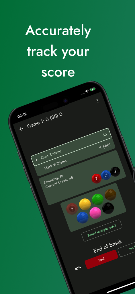 SnookerMate Snooker Scoreboard - Mobile app interface of SnookerMate scoreboard for tracking snooker frame scores and breaks.