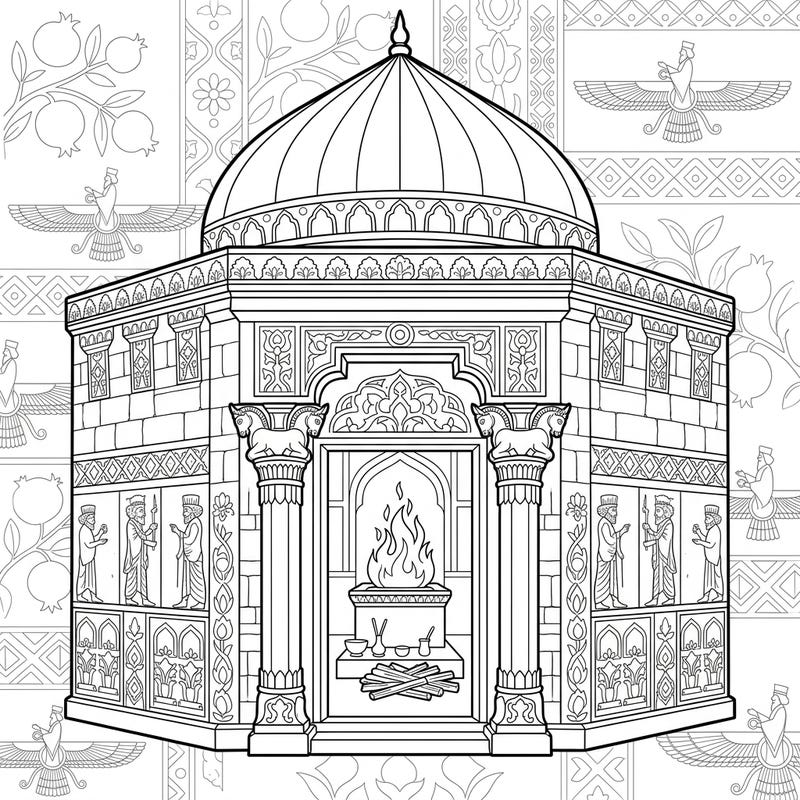 Immerse yourself in the ancient world with this stunning Zoroastrian Fire Temple coloring page. Delve into its intricate architecture and sacred symbols, offering a unique blend of history and art to bring to life with your colors.