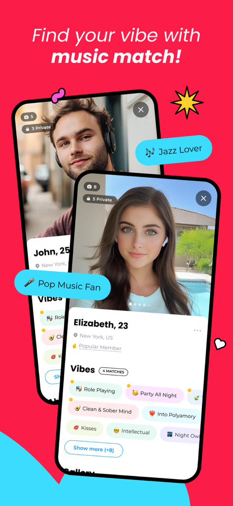 Once: Perfect Match Dating App - Perfiles de la aplicación de citas Once que muestran etiquetas de Coincidencia Musical como Amante del Jazz y Fanático de la Música Pop