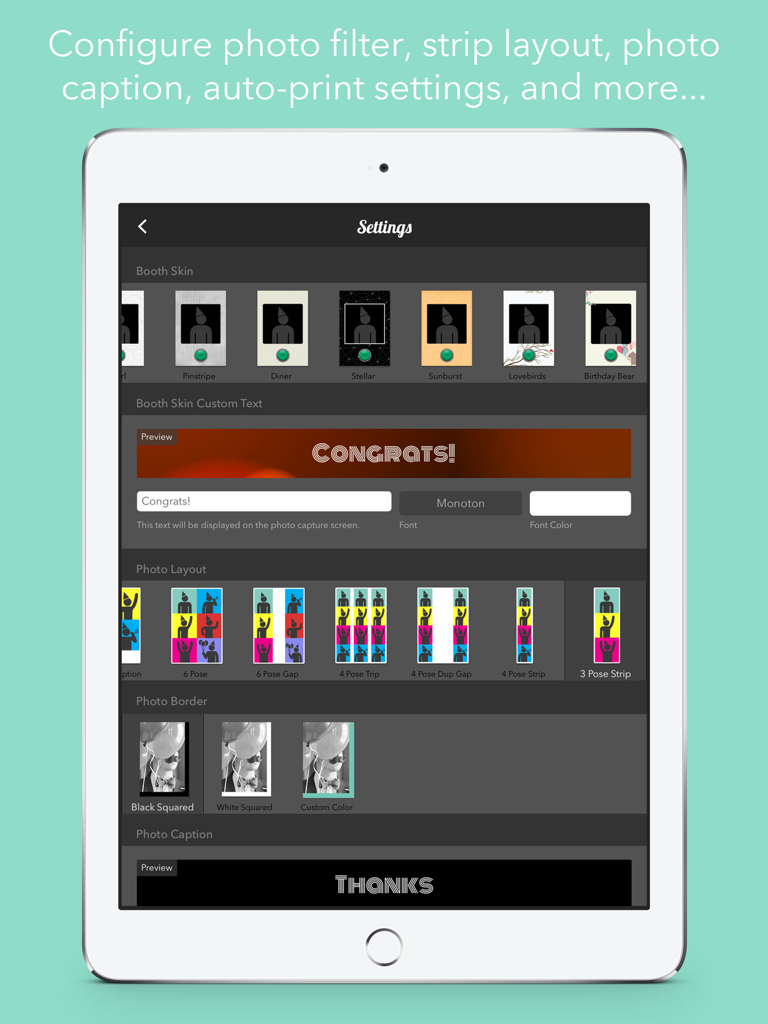 iPad에서 포토 부스 스킨 및 스트립 레이아웃 설정을 보여주는 화면