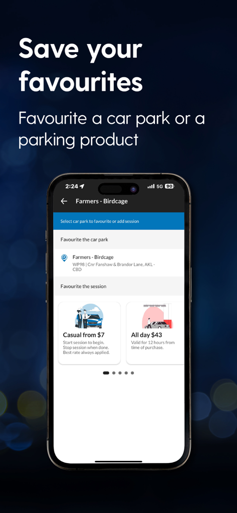 ParkMate NZ app interface showing how to save favorite car parks and parking products.