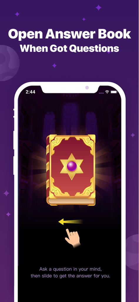 Función interactiva del Libro de Respuestas en la aplicación Quiromancia y Horóscopo para guía espiritual.