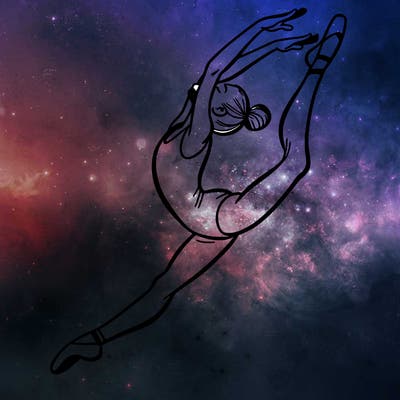 gymnast doing a leap in a leotard with a bent back leg