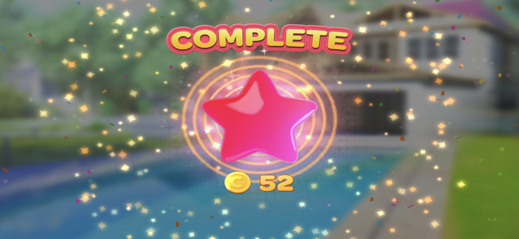 Home Decor - Interior Design - Level complete screen in Home Decor showing a big pink star and earned coins with a house background