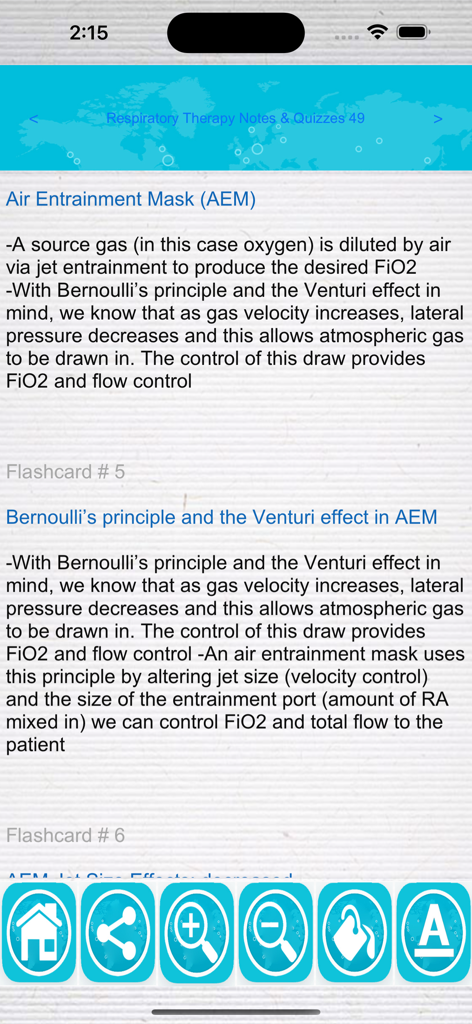 Educational flashcards in the Respiratory System Nursing app explaining Air Entrainment Mask and Bernoulli principle
