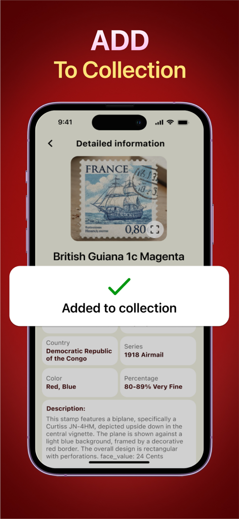 A mobile app screen confirming that a scanned stamp has been successfully added to the user digital collection.