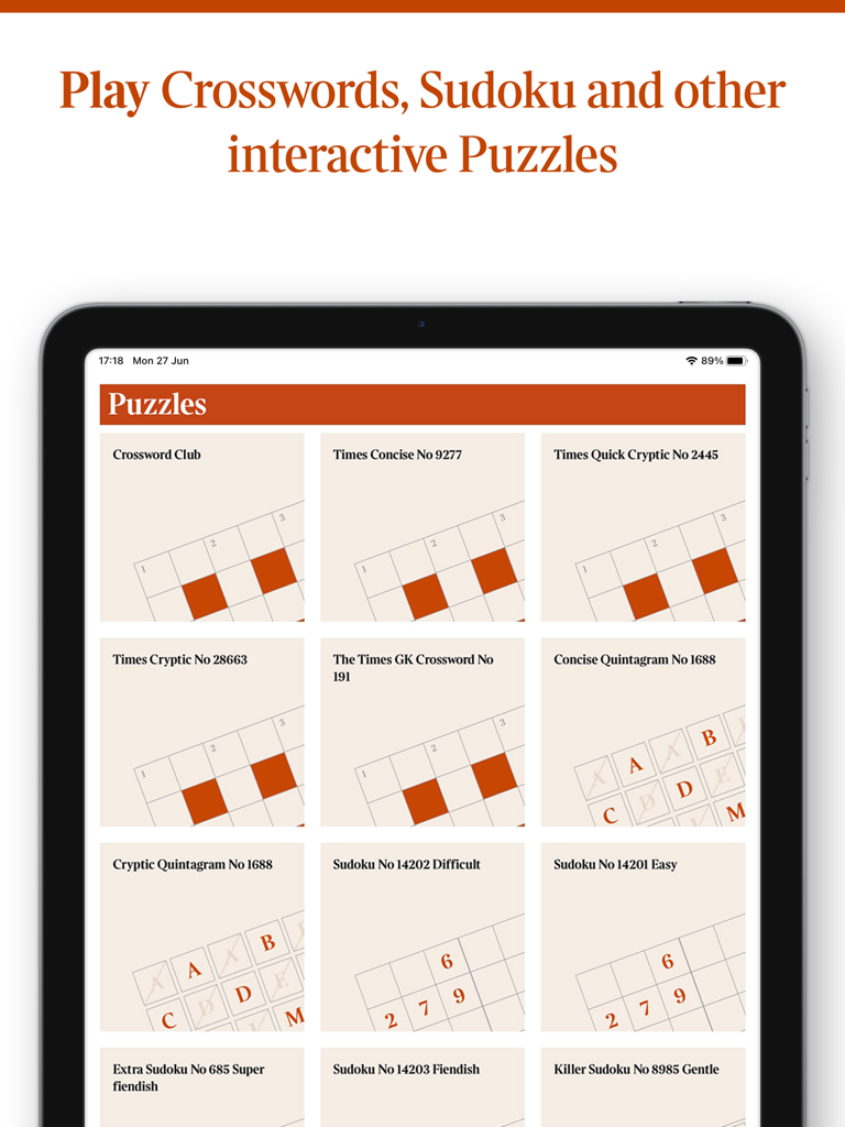 Un menú de rompecabezas interactivos en la aplicación The Times of London para iPad que incluye crucigramas y sudoku.