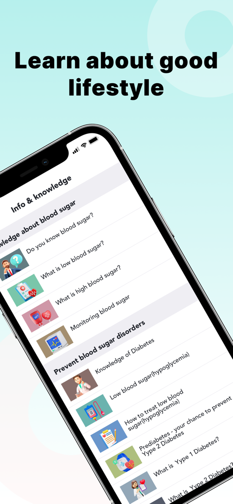 Blood Sugar Master - Una pantalla de teléfono inteligente que muestra artículos educativos y conocimientos sobre salud sobre el azúcar en sangre y la prevención de la diabetes en la aplicación Blood Sugar Master.
