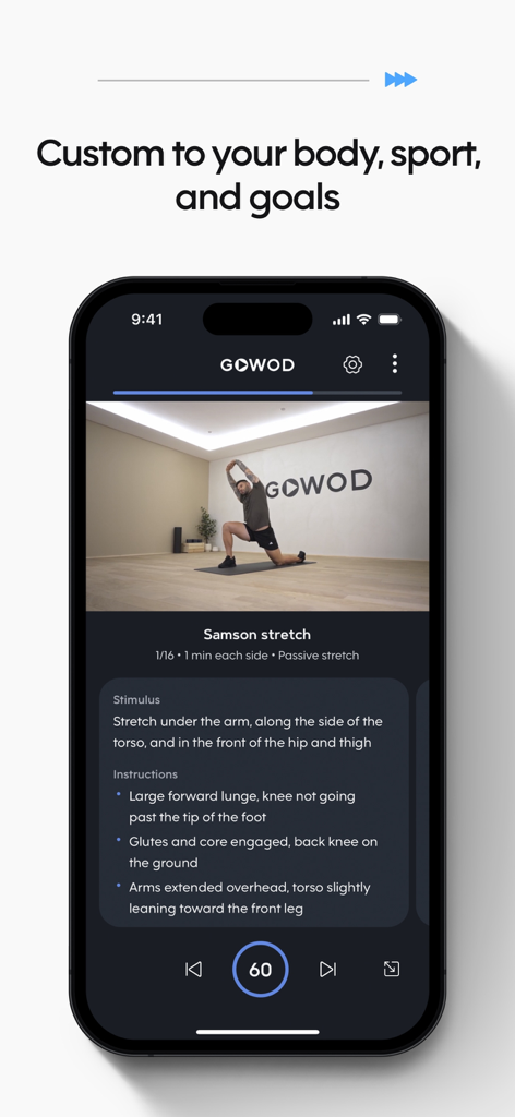 GOWOD – Mobility & Stretching - 자극 및 기술 지침과 함께 삼손 스트레치에 대한 비디오 튜토리얼을 보여주는 GOWOD 앱 인터페이스