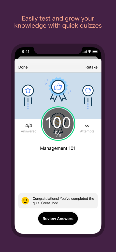 A mobile quiz completion screen in the Zunos app showing a 100 percent score for Management 101.