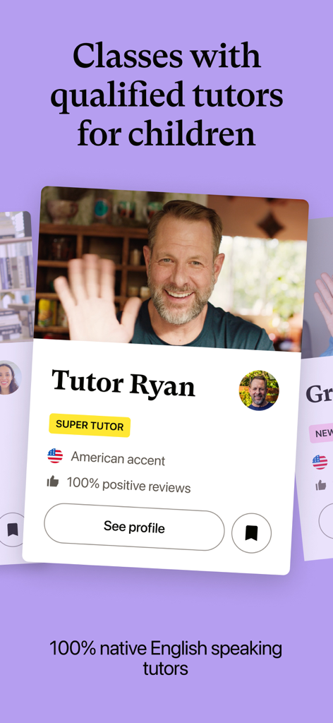 Cambly Kids - English Learning - Interface showing a profile of a qualified native English tutor for children on Cambly Kids
