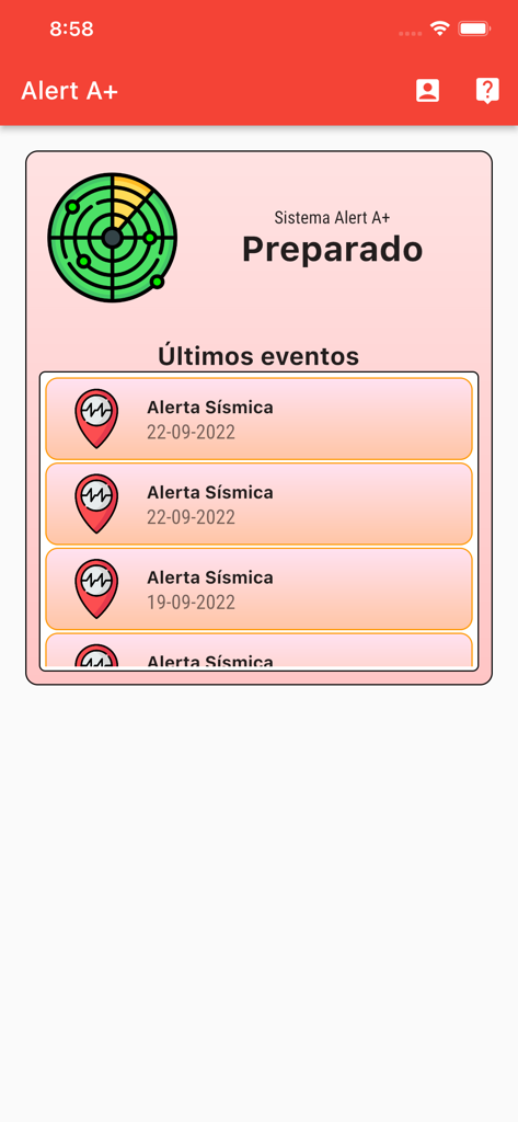 Alert A plus app dashboard showing system status and a list of recent seismic alerts in Mexico