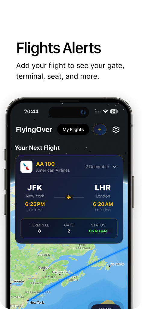 FlyingOver app showing flight alerts with gate and terminal details for an American Airlines flight from New York to London