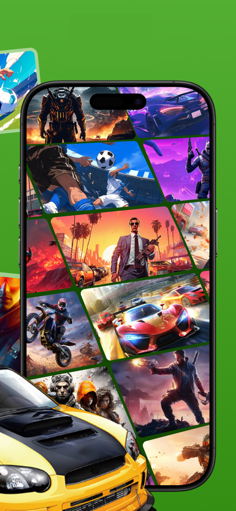 HaIaI CIoud Gaming - A mobile phone screen displaying a vibrant collage of diverse video game imagery including racing and action scenes.