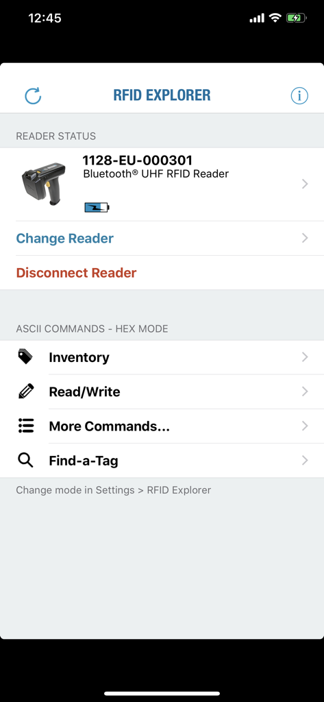 RFID Explorer - Hauptbildschirm der RFID Explorer App, der den Status des verbundenen Bluetooth UHF RFID-Readers und ein Menü für Inventur und Tag-Suche anzeigt.