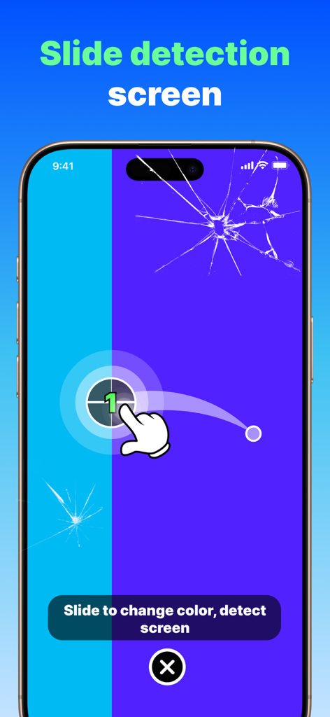 Screen test feature in the GA Auto Clicker app showing a slide gesture to detect display issues