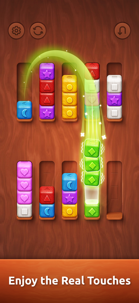 Gameplay of Colorwood Sort showing colorful blocks with unique shapes being moved between slots on a wooden surface with a glowing green trajectory effect.