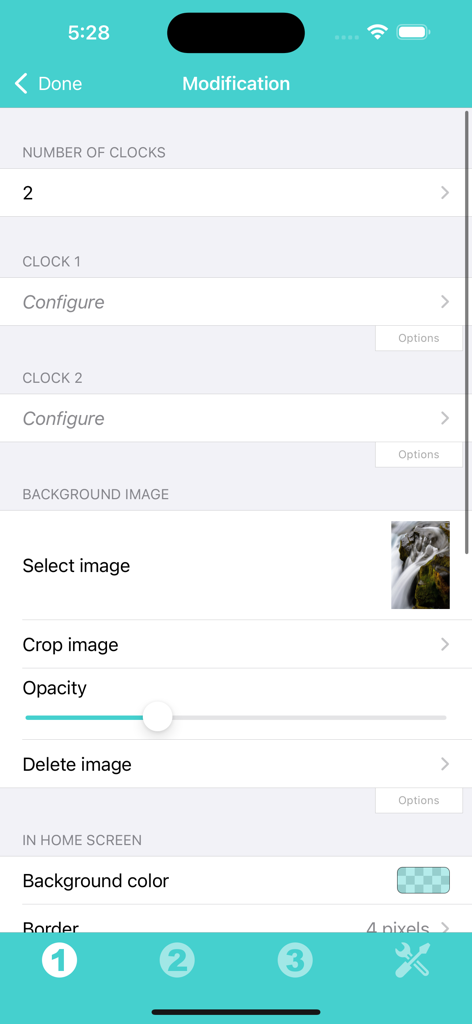 Clock Widget - Modifikationsbildschirm zur Anpassung von Uhren-Widgets mit Optionen für Hintergrundbild und Transparenzeinstellungen