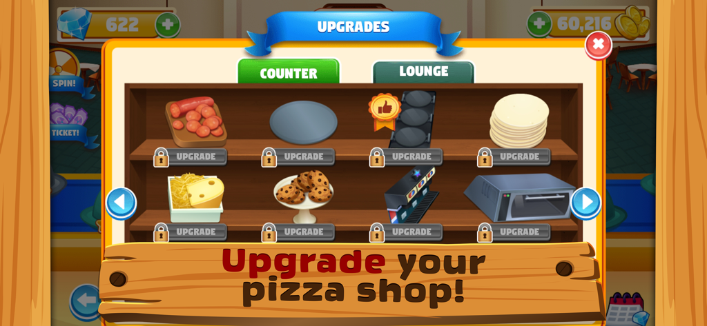 Pizza Shop 2: Cooking Games - Écran du jeu Pizza Shop 2 montrant diverses améliorations de cuisine et de comptoir comme du pepperoni, du fromage et des cookies
