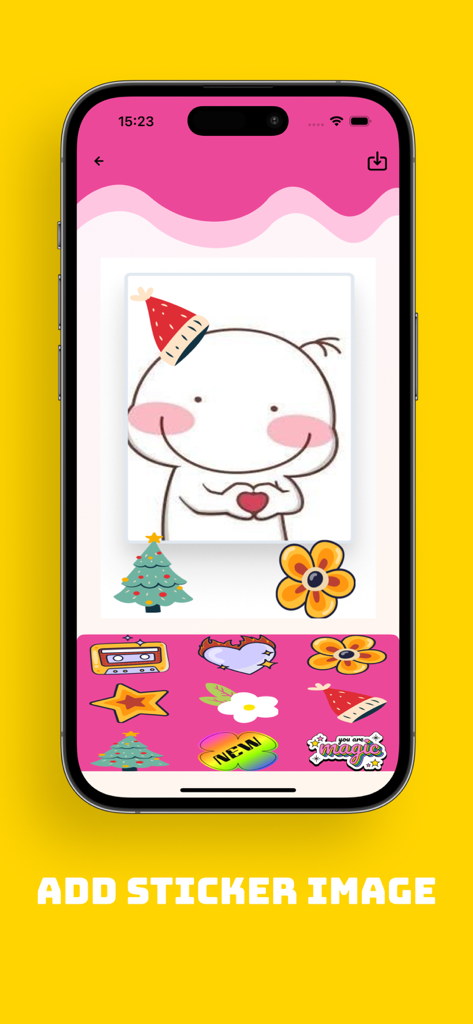 PixVesre: Art Studio Generator - Interfaz de la aplicación PixVerse que muestra un personaje siendo decorado con pegatinas digitales como un gorro de fiesta y flores