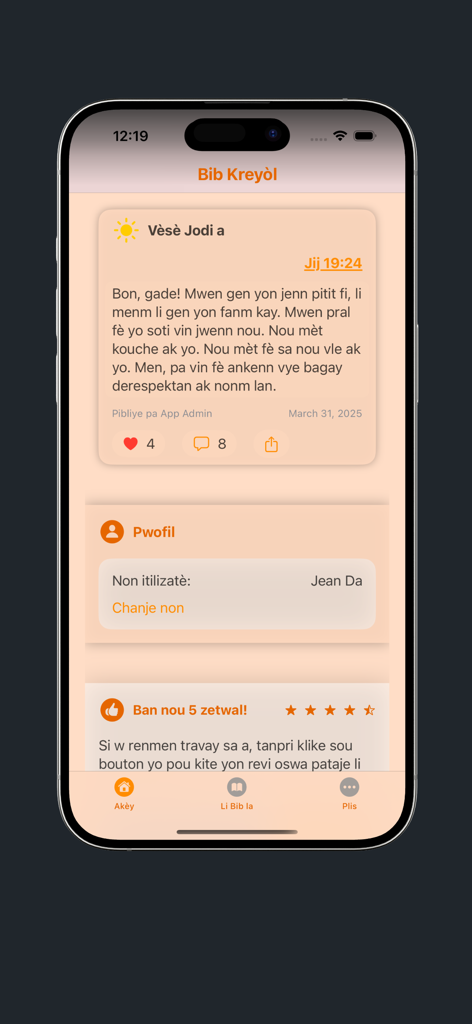 Pantalla de inicio de la aplicación Bib Kreyol mostrando el versículo del día y el perfil de usuario en criollo haitiano.