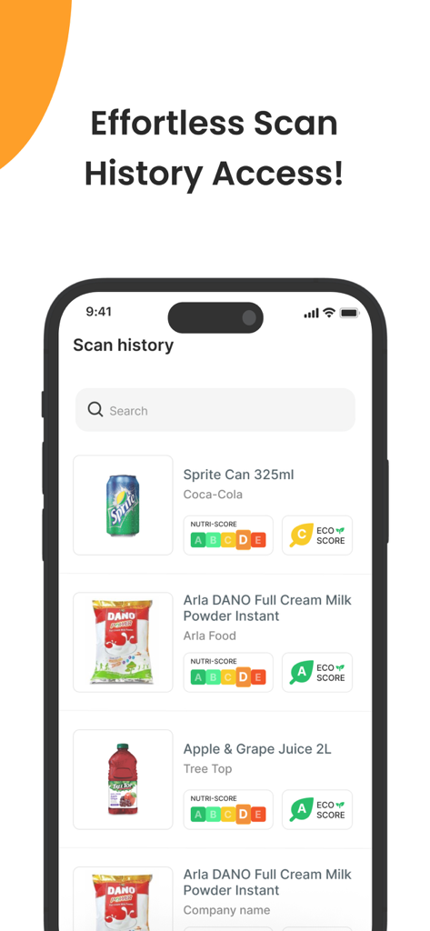 Healthy Food Scanner - さまざまな食品のNutri-Scoreとエコスコア定格を示すスキャン履歴画面