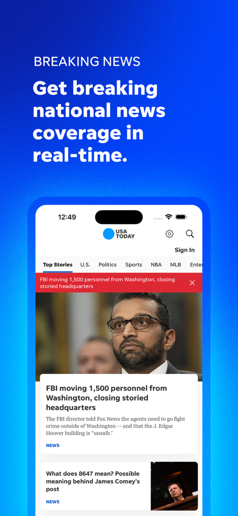 USA TODAY: US & Breaking News - USA TODAYモバイルアプリのインターフェイスには、リアルタイムの全国の速報ニュースが表示されています。