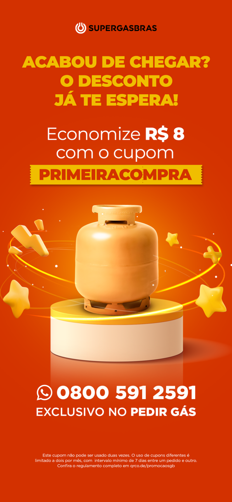 Pedir Gás | Supergasbras - Promotional banner for Supergasbras gas delivery app offering a discount for the first purchase