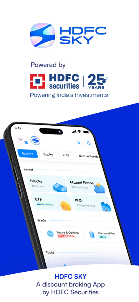 HDFC SKY: Stocks MF IPO Demat - HDFC SKY app screen with investment options for stocks mutual funds and IPOs