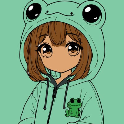 cute realistic girl in a froggy hoodie