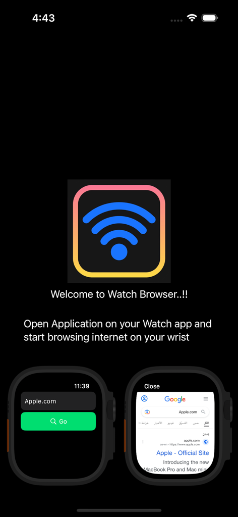 Schermata di benvenuto di Watch Web Browser che mostra la navigazione Internet di Apple Watch.