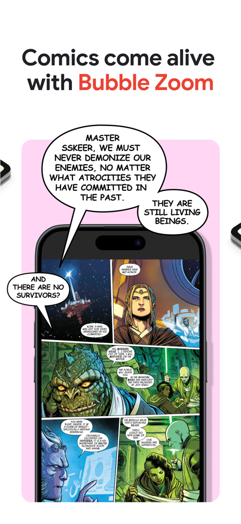 Google Play Books & Audiobooks - Pantalla de smartphone que muestra un cómic con la función Bubble Zoom de Google Play Libros ampliando las burbujas de diálogo.