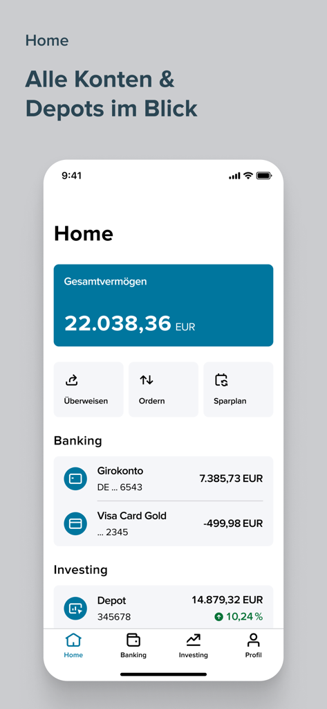 Consorsbank - L'écran d'accueil de l'application Consorsbank affiche le total des actifs et un aperçu des comptes financiers.