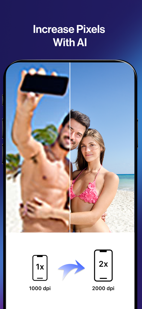 Side by side comparison showing how AI increases photo pixels and resolution from blurry to clear